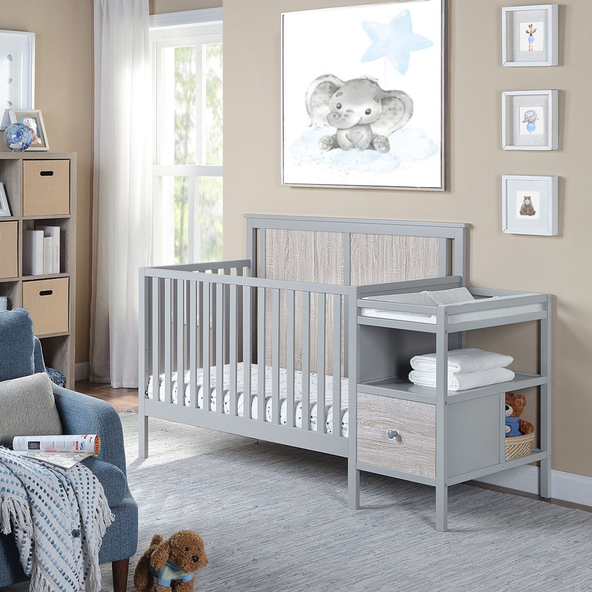 Gray crib with outlet changing table