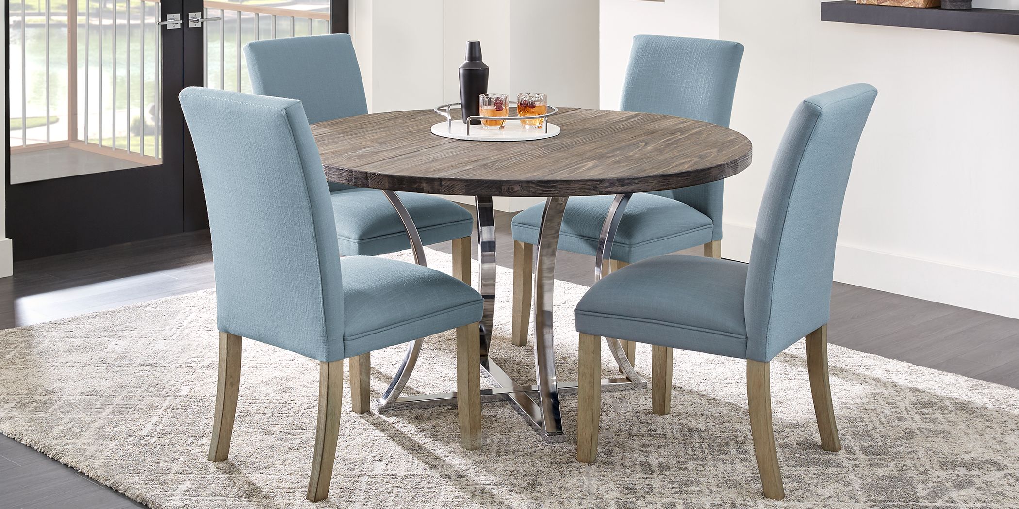 Arland Dark Brown 5 Pc Round Dining Room with Blue Chairs