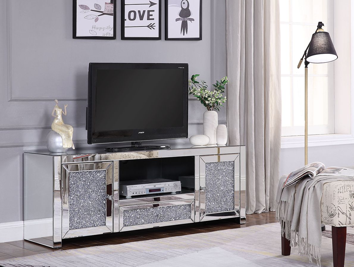 Silver entertainment center store with fireplace