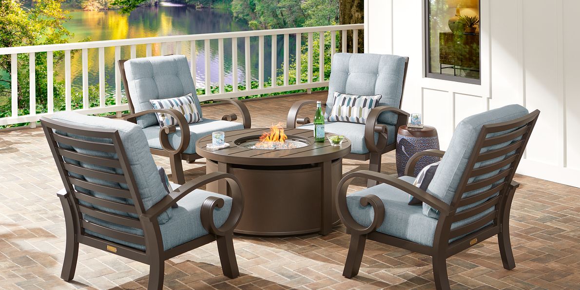 Bermuda Bay Aged Bronze Pc Fire Pit Seating Set with Seafoam Cushions