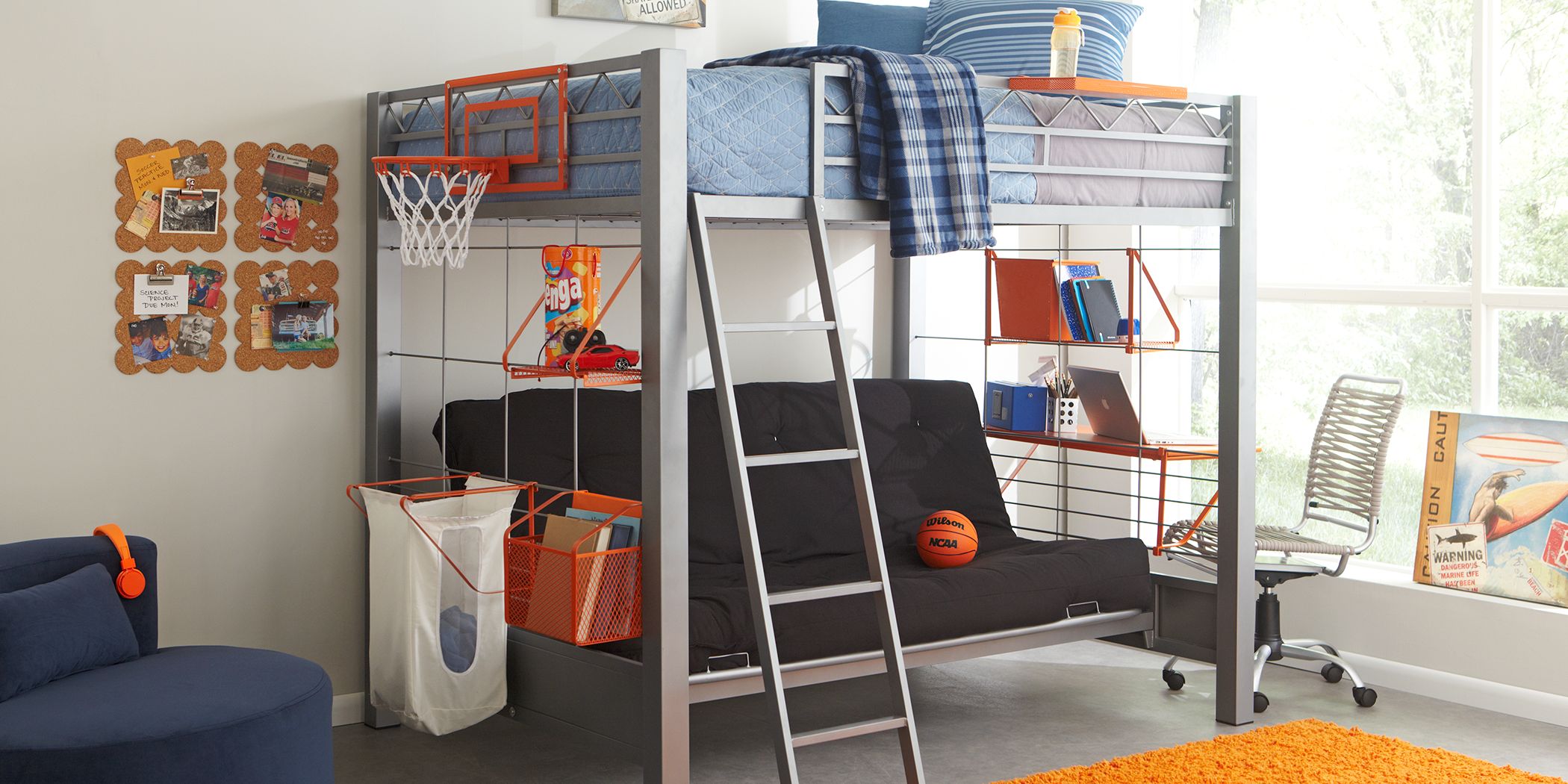 BuildaBunk Gray 4 Pc Full/Futon Loft Bed with Orange Accessories