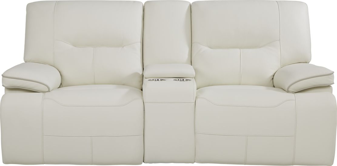 Cindy Crawford Home Caletta Off White, White Leather Reclining Loveseat With Console