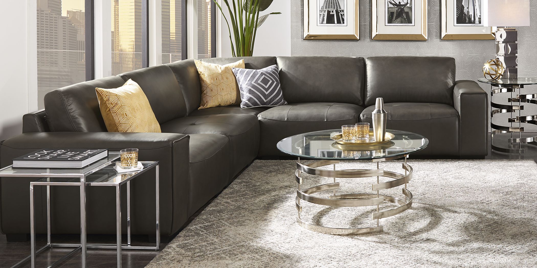 Dark gray leather on sale sectional couch