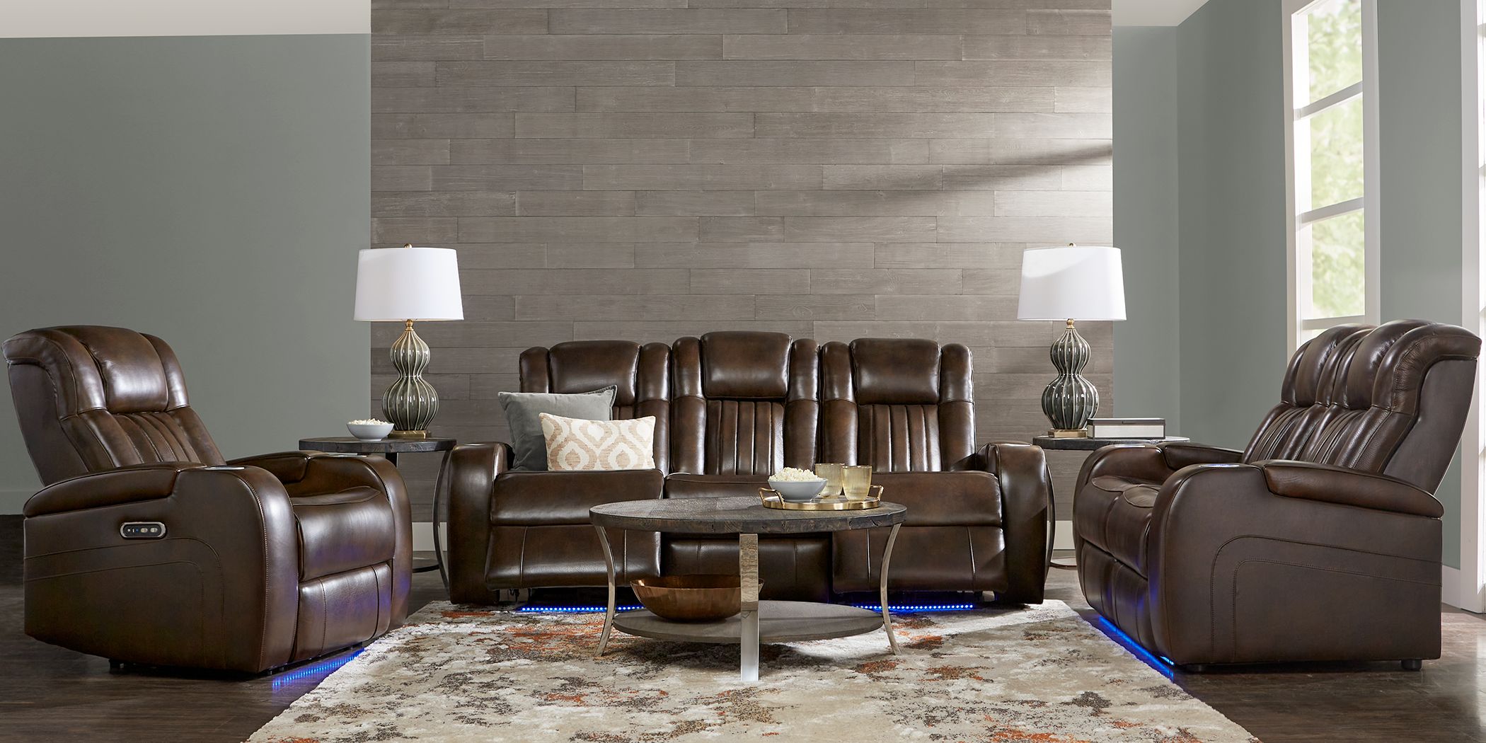 Cenova Brown Leather 3 Pc Living Room with Dual Reclining Sofa