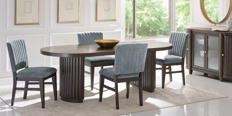 Cheetham Hill Espresso 90 in. 8 Pc Dining Room with Blue Chairs