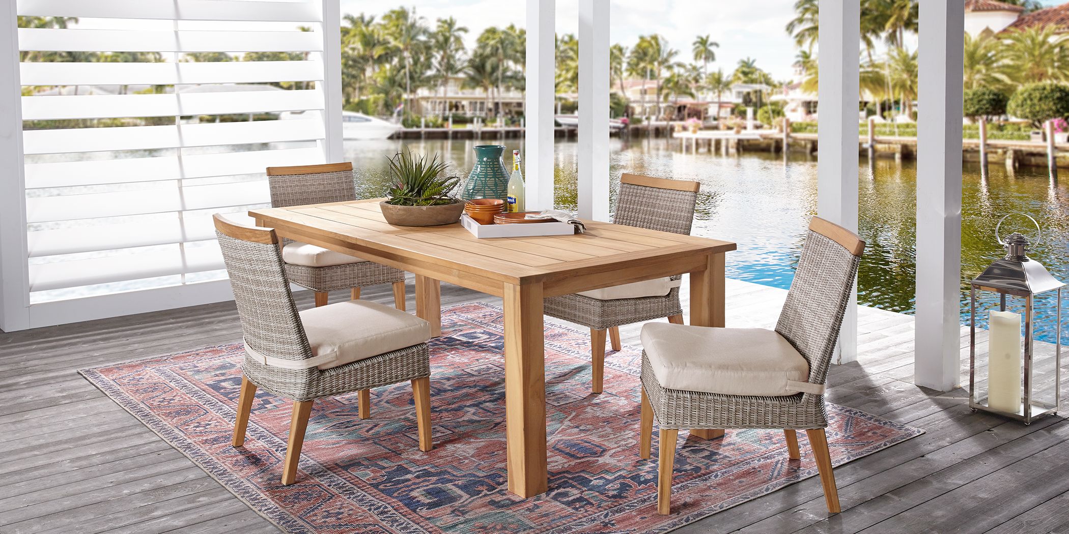 Hamptons Cove Teak 5 Pc Rectangle Outdoor Dining Set with Flax Cushions