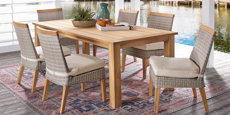 Hamptons Cove Teak 7 Pc Rectangle Outdoor Dining Set with Flax Cushions