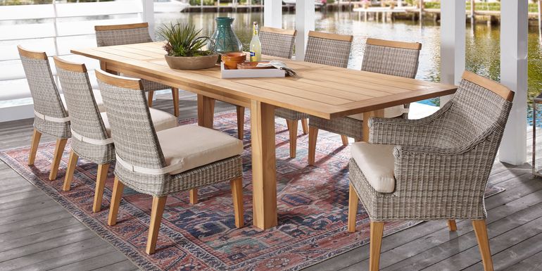 Hamptons Cove Teak 9 Pc Rectangle Outdoor Dining Set with Flax Cushions