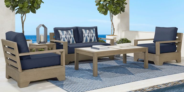 Lake Tahoe Gray 4 Pc Outdoor Loveseat Seating Set with Indigo Cushions