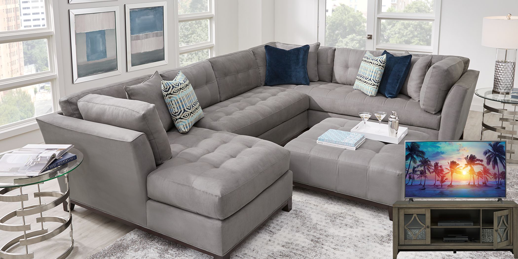 Cindy crawford home metropolis way store steel microfiber 3 pc sectional