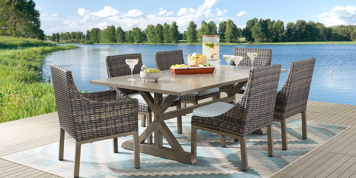 Montecello Gray 7 Pc 84 in. Rectangle Outdoor Dining Set with Mist Cushions