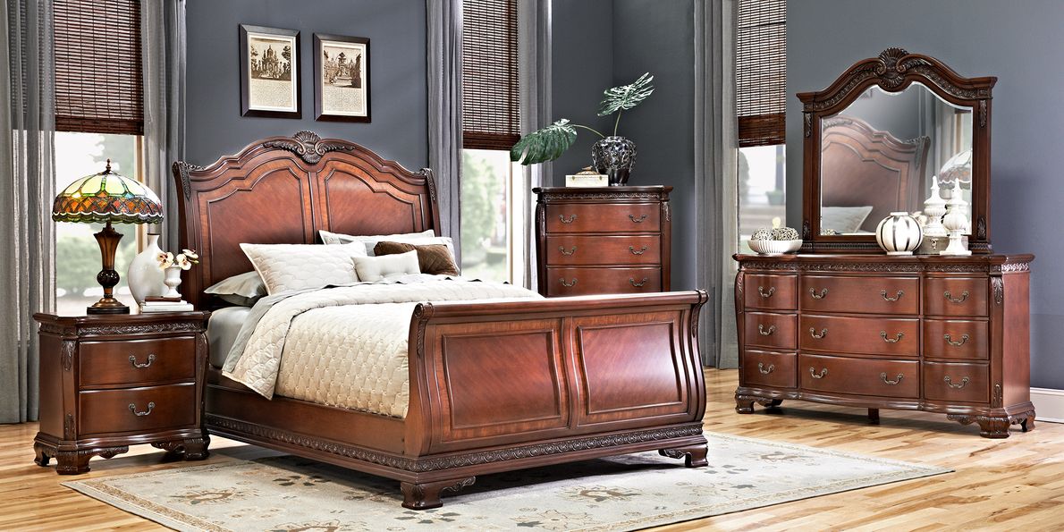 Cherry wood queen on sale sleigh bedroom set