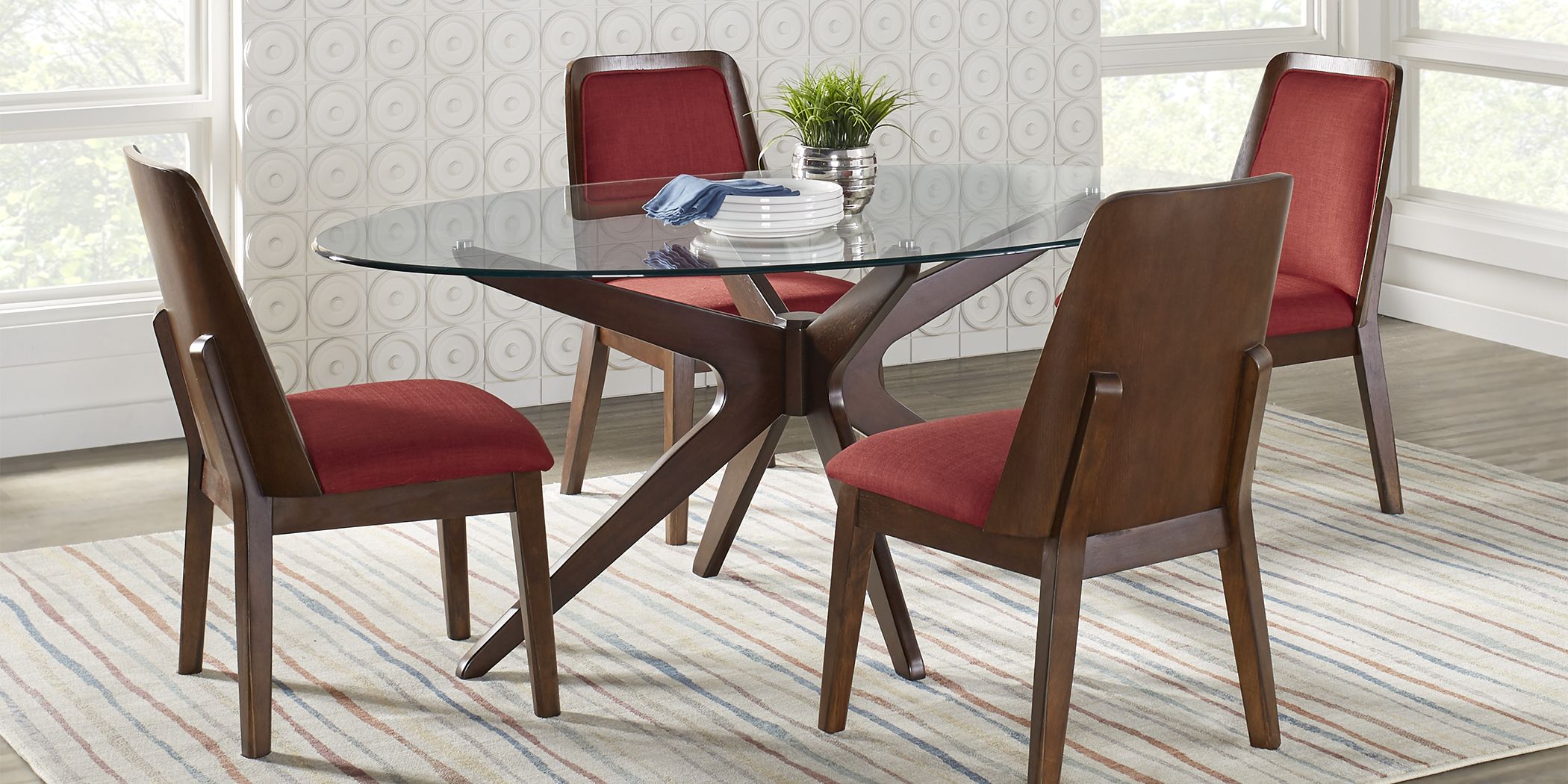 Delmon Walnut 5 Pc Oval Dining Set with Burgundy Chairs
