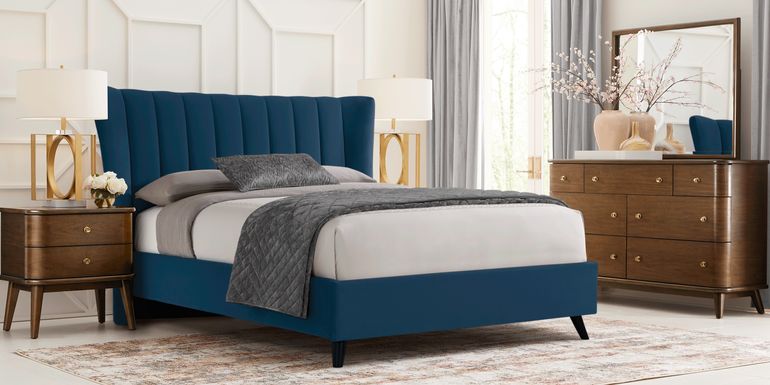 Devon Loft Walnut 5 Pc Bedroom with Nanton Park Blue King Upholstered Bed