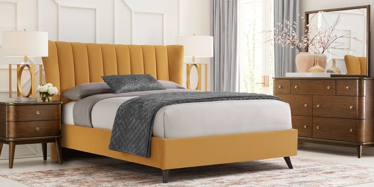 Devon Loft Walnut 7 Pc Bedroom with Nanton Park Yellow Queen Upholstered Bed