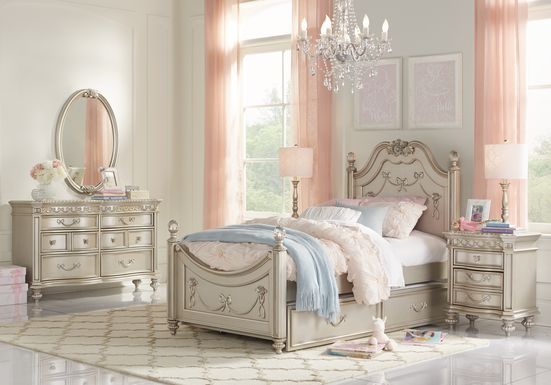 Disney Princess Fairytale Silver Twin Poster Bed with Twin Storage Trundle