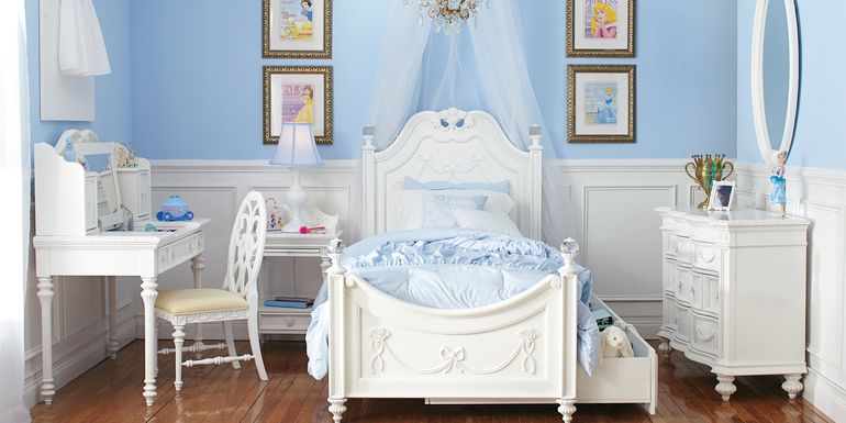 Disney Princess Fairytale White Full Poster Bedroom with 6 Drawer Dresser and Oval Mirror