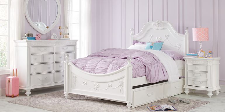 Disney Princess Fairytale White Full Poster Bedroom with 8 Drawer Dresser and Heart Mirror
