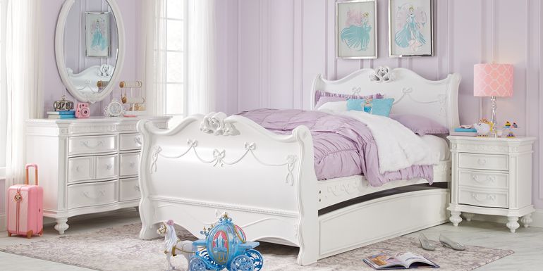 Disney Princess Fairytale White Full Sleigh Bedroom with 6 Drawer Dresser and Oval Mirror