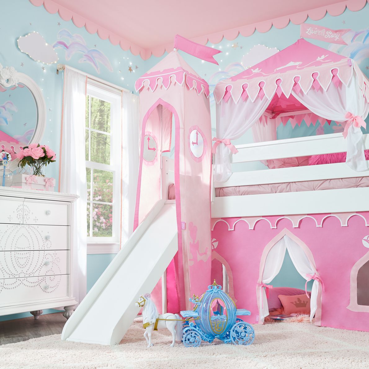 Disney Princess Fairytale White Loft Bed with Slide and Tower