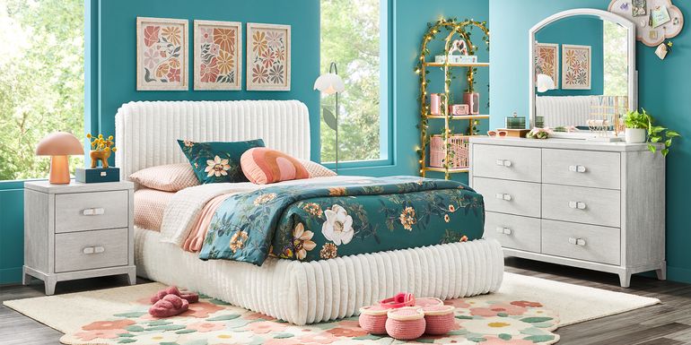 Emilie Rose Wirebrush Gray Bedroom with Charlize White Twin Upholstered Bed