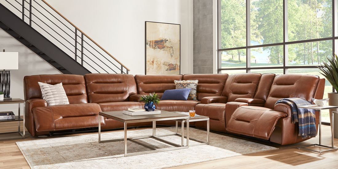 Farona Caramel Leather 6 Pc Dual Power, Caramel Leather Sectional With Recliner