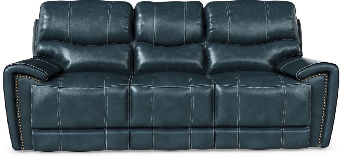 Blue leather store power reclining sofa