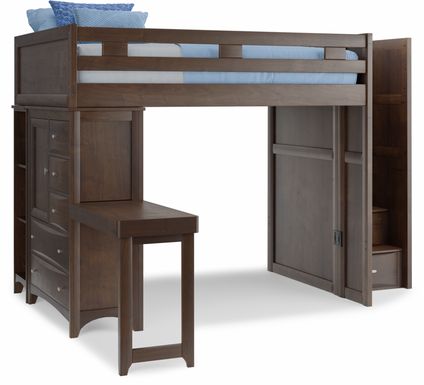 Ivy League 2.0 Walnut Full Step Loft with Chest and Bookcase with Desk Attachment