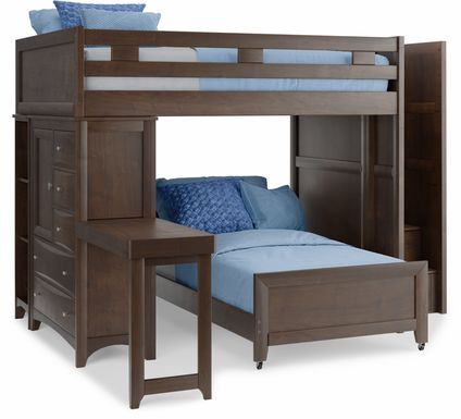 Ivy League 2.0 Walnut Full/Twin Step Bunk with Chest, Bookcase & Desk Attachment