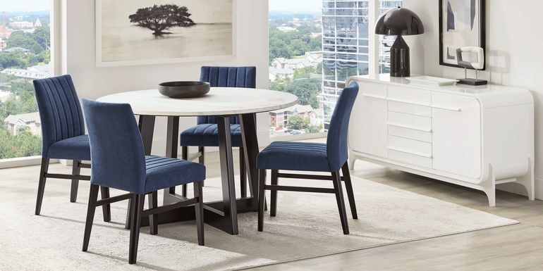 Jarvis White 5 Pc Round Dining Room with Blue Side Chairs