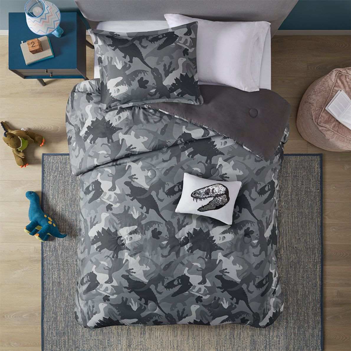 Kids Camo Dino Gray 4 Pc Full Queen Comforter Set Rooms To Go