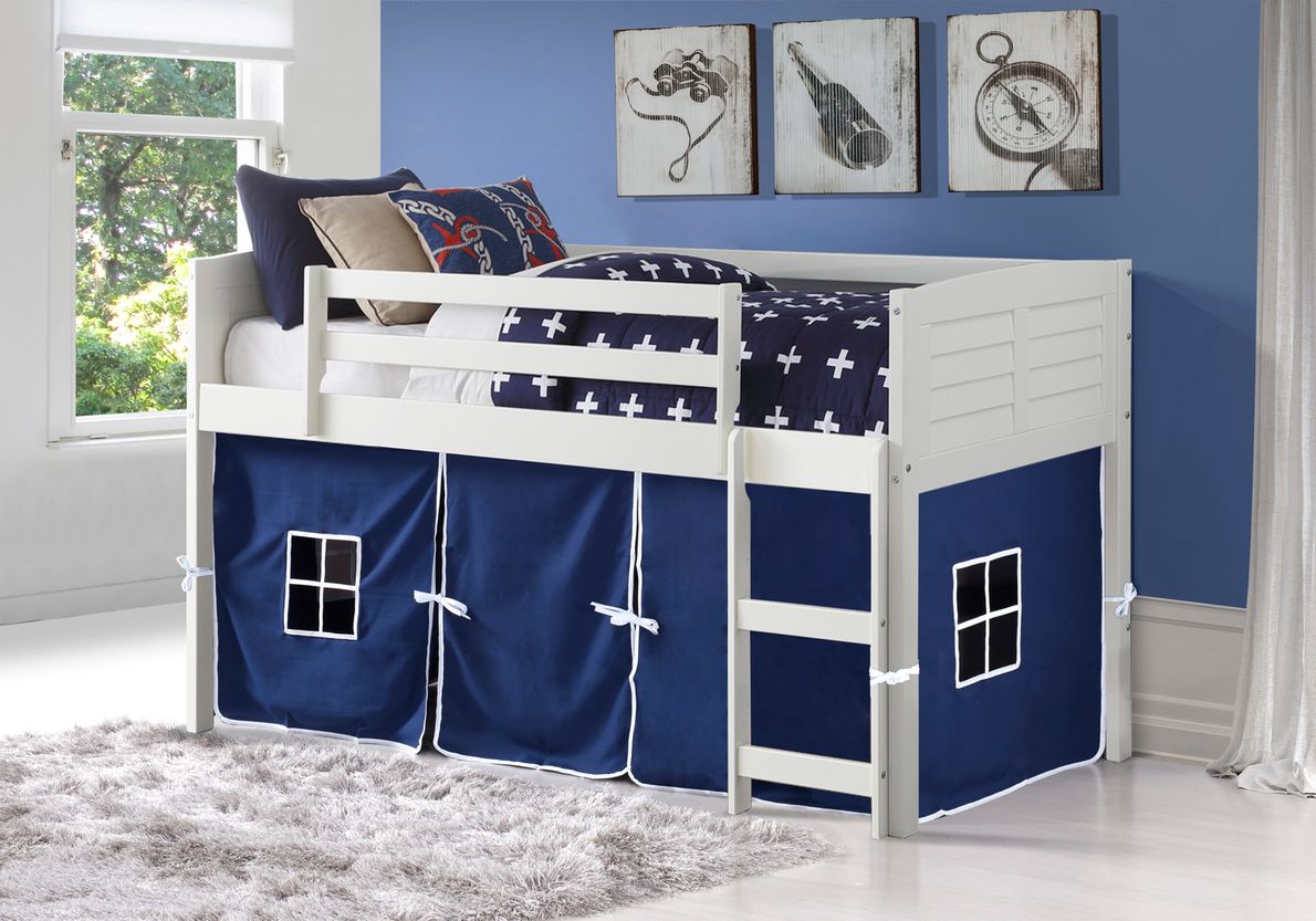 Kids Camp Hideaway White Twin Loft Bed with Blue Tent Rooms