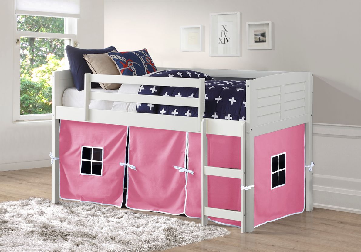 Kids Camp Hideaway White Twin Loft Bed with Pink Tent Rooms