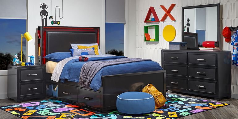 Kids Carbon Optix Black Full Bedroom with LED Lights