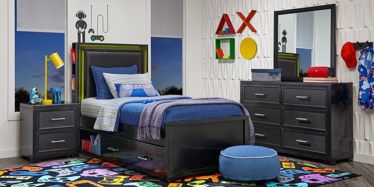 Kids Carbon Optix Black Twin Bedroom with LED Lights