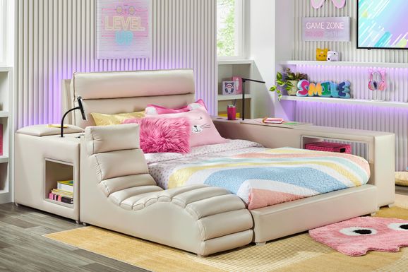 Kids Cloud9 Cream Twin Upholstered Bed with Nightstand and Lounger