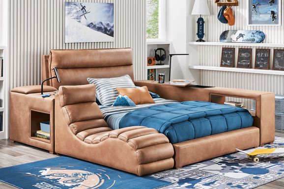 Kids Cloud9 Saddle Twin Upholstered Bed with Nightstand, Lounger and Bookcase