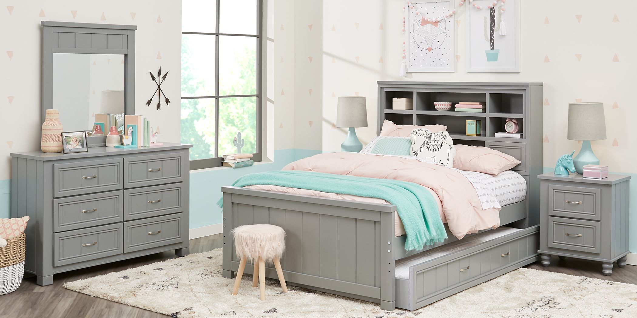 Kids Cottage Colors Gray 5 Pc Full Bookcase Bedroom