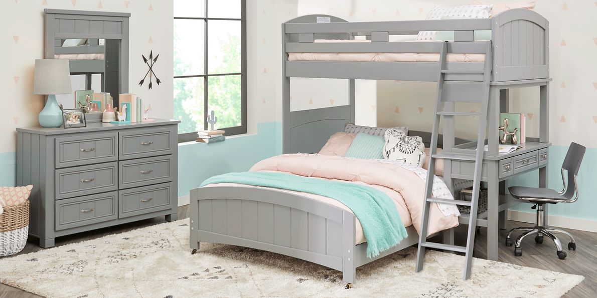 Kids Cottage Colors Gray Twin Full Loft Bunk Bed with Desk Rooms