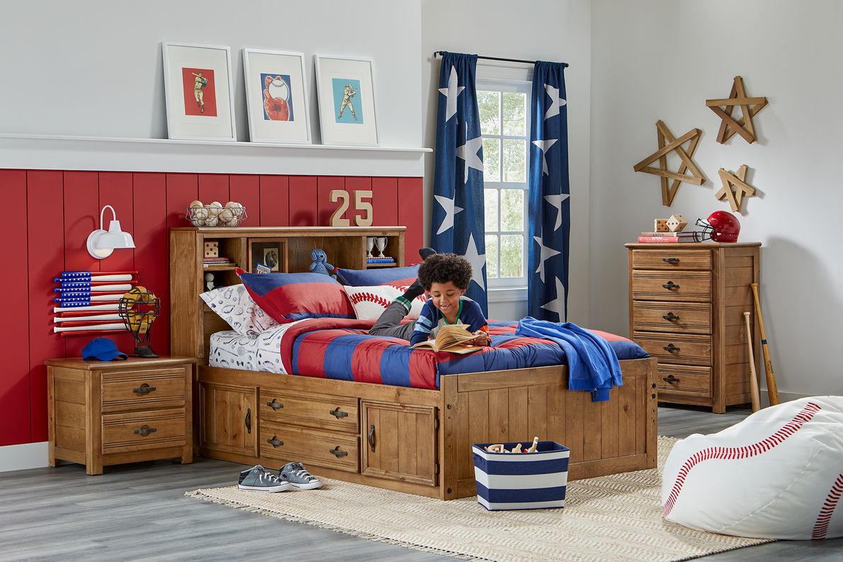 Kids bed deals with bookshelf