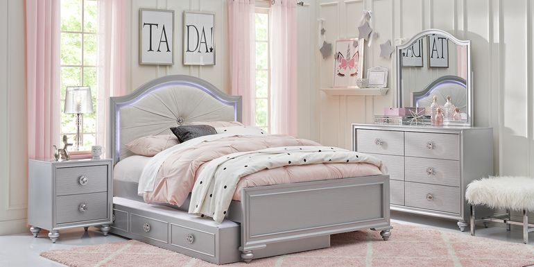 Kids Evangeline Silver Twin Lighted Upholstered Bedroom with White LED