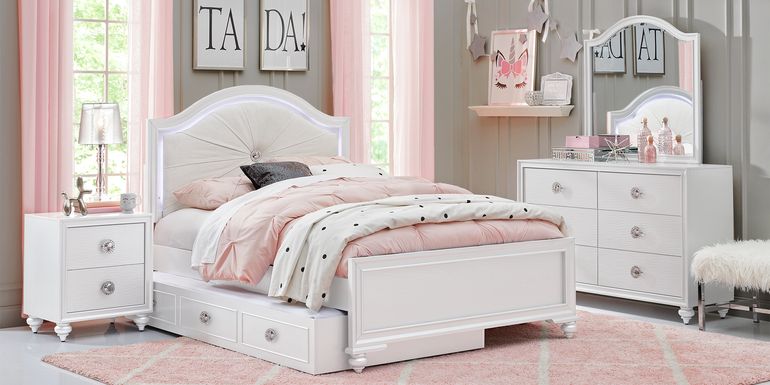 Kids Evangeline White Full Lighted Upholstered Bedroom with White LED