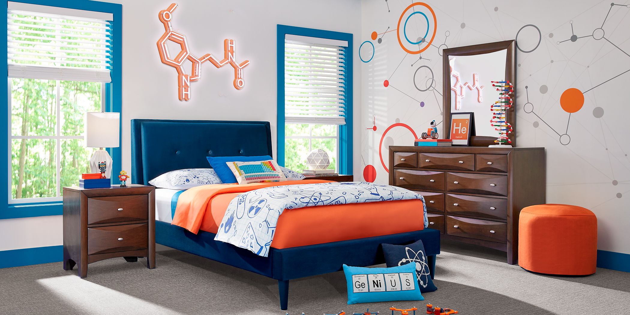 Kids Ivy League 2.0 Walnut 5 Pc Bedroom with Jaidyn Blue Twin Upholstered Bed