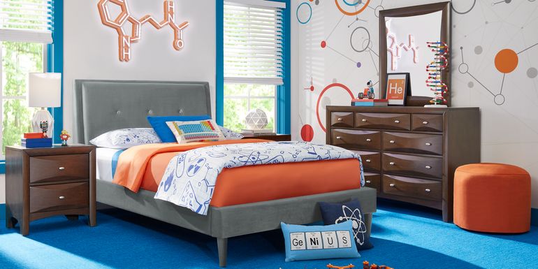 Kids Ivy League 2.0 Walnut Bedroom with Jaidyn Gray Twin Upholstered Bed