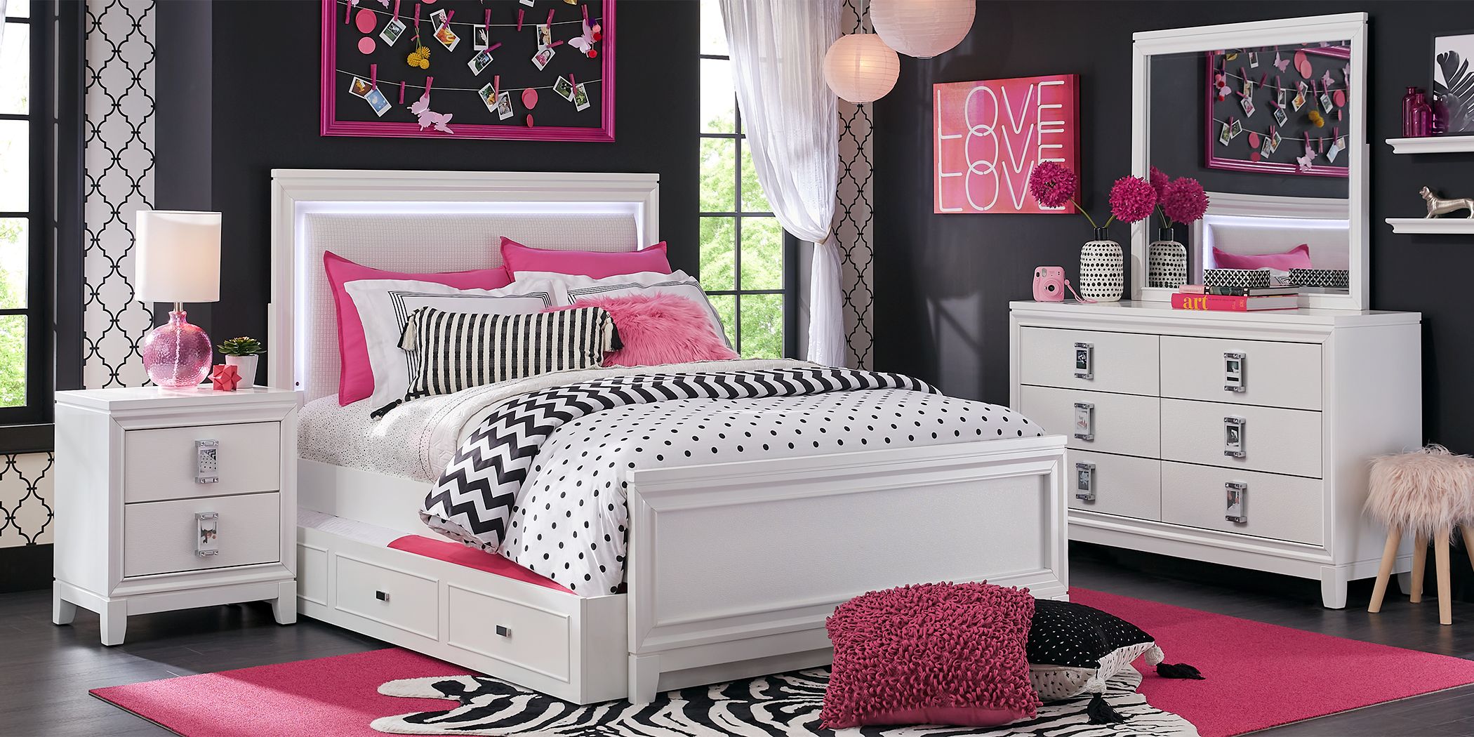 Kids Juno White 5 Pc Full Upholstered Bedroom with LED Lights
