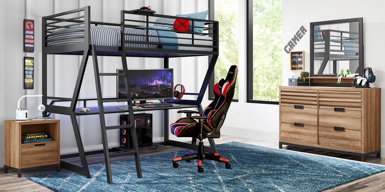 Kids Northridge Drive Caramel Bedroom with Carbon Optix Black Twin Gaming Loft Bed