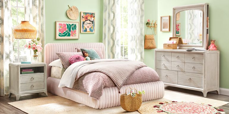 Kids Vivien Wirebrush Gray Bedroom with Charlize Pink Twin Upholstered Bed