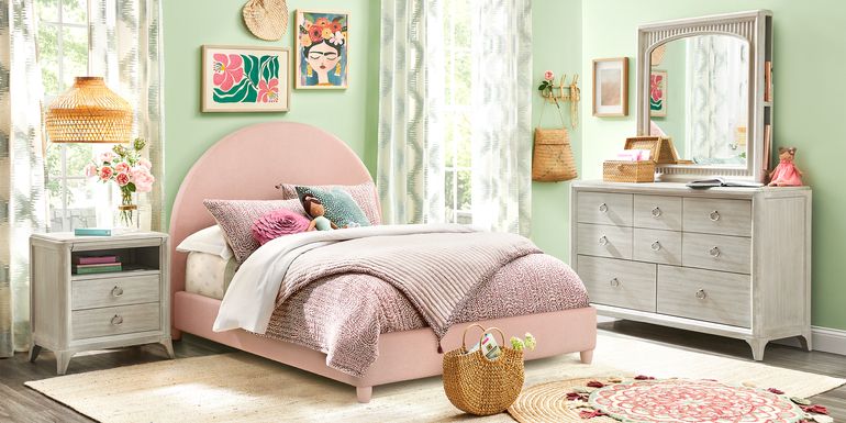 Kids Vivien Wirebrush Gray Bedroom with Moonstone Pink Twin Upholstered Bed