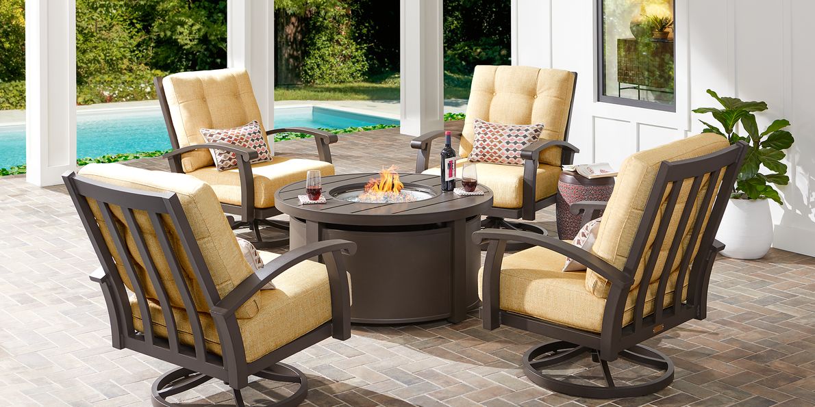 Lake Breeze Aged Bronze Pc Fire Pit Set with Swivel Chairs and Straw  Cushions