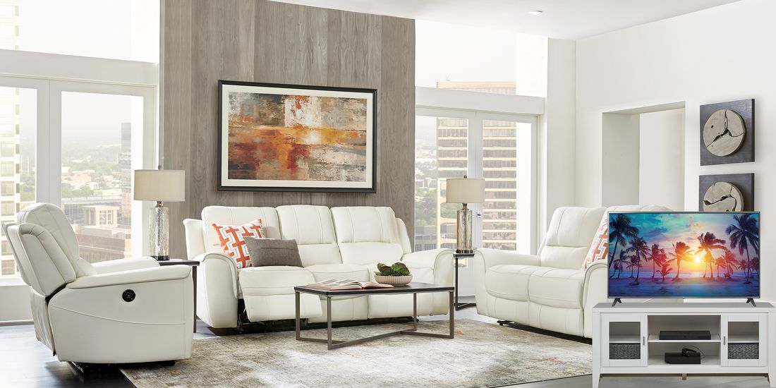 Lanzo Off White Leather 6 Pc Living, Off White Leather Reclining Sofa